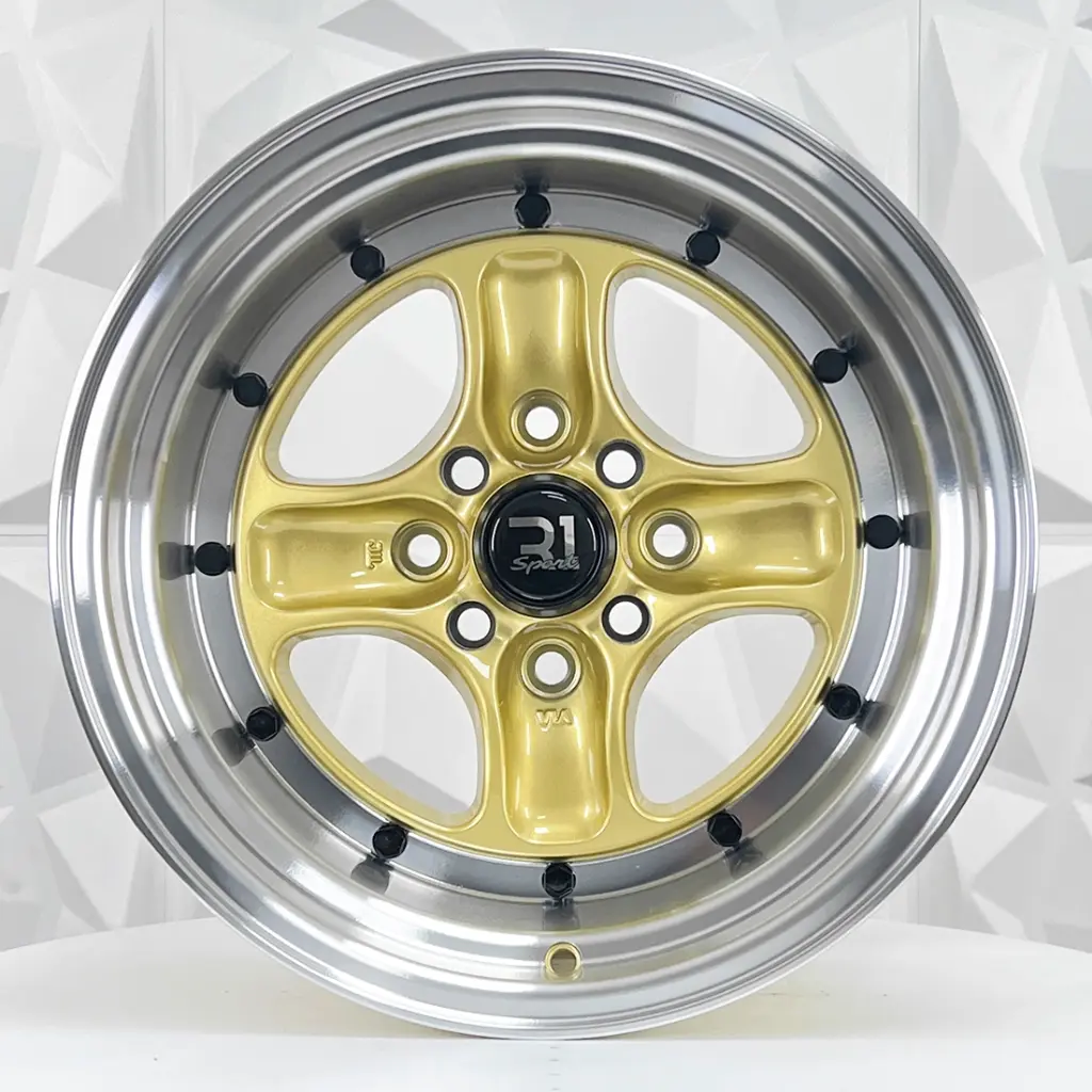 RIN 15X8 4-100/114.3 R1 SPORT QC403 GOLD MACHINE LIP+BLACK RIVETS* ET0 CB73.1