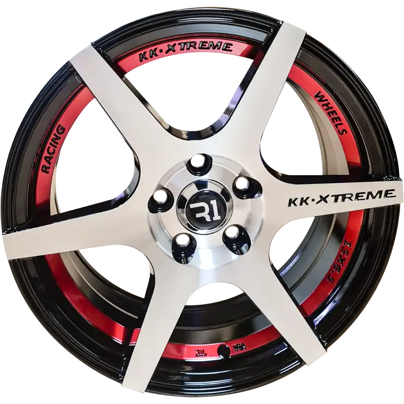RIN 13X5.5 4-100 R1 SPORT 374 BLACK MACHINE AND RED UNDER CUT ET25 CB73.1