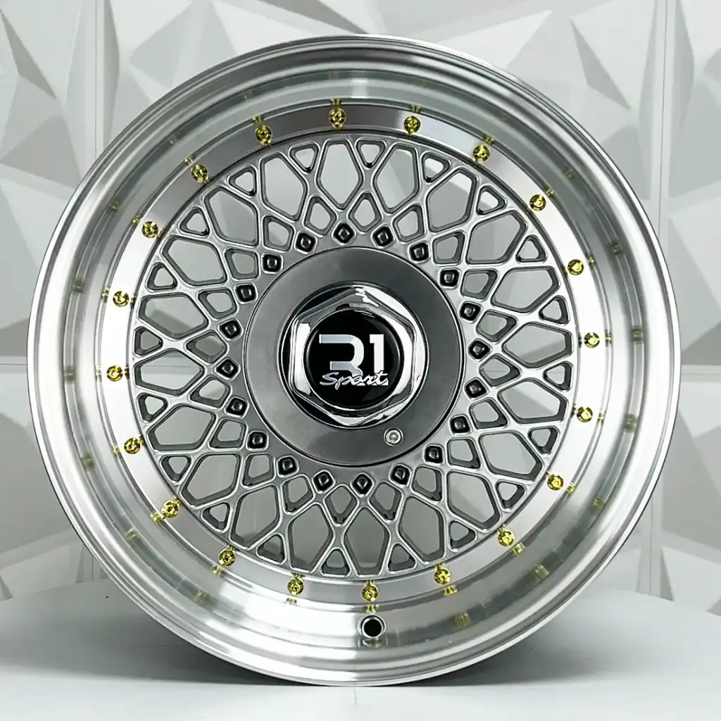 RIN 15X8 4-100/114.3 R1 SPORT DX163 HYPER BLACK MACHINE LIP GOLD RIVETS ET20 CB7